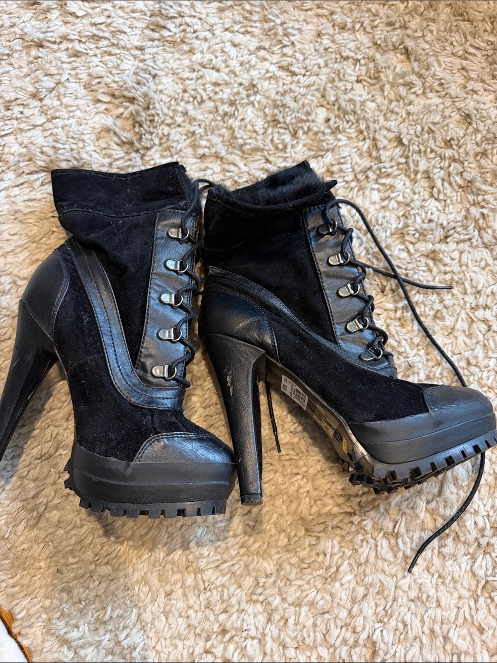Black Lace-Up High Heel Ankle Boots